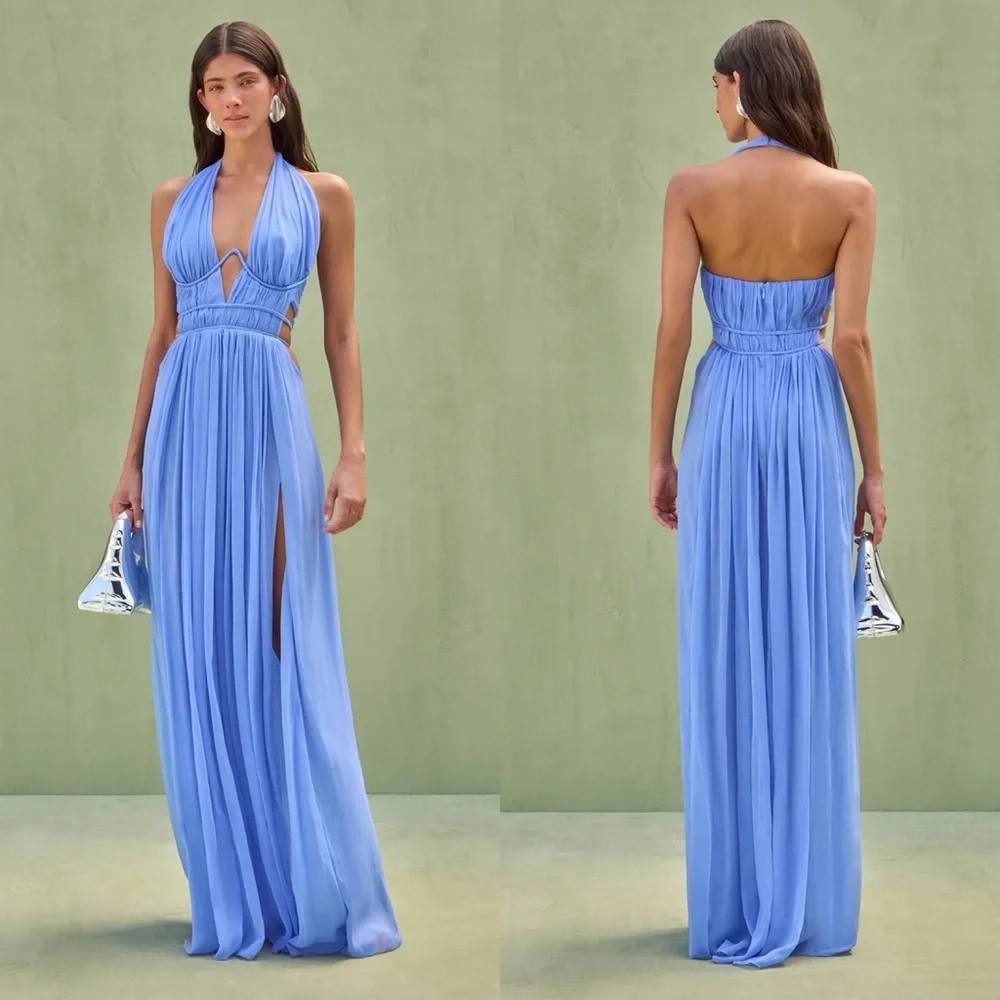 Cult Gaia Aashvi Plunging Halter Neck Silk Gown Capri Blue NEW with tags - Picture 2 of 8